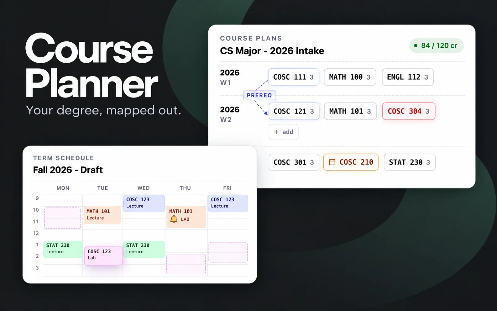 Course Planner degree-map and weekly timetable previews.
