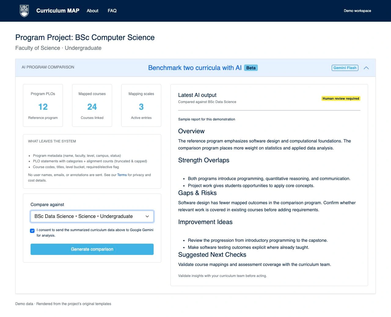 AI-assisted curriculum comparison with a sample report.