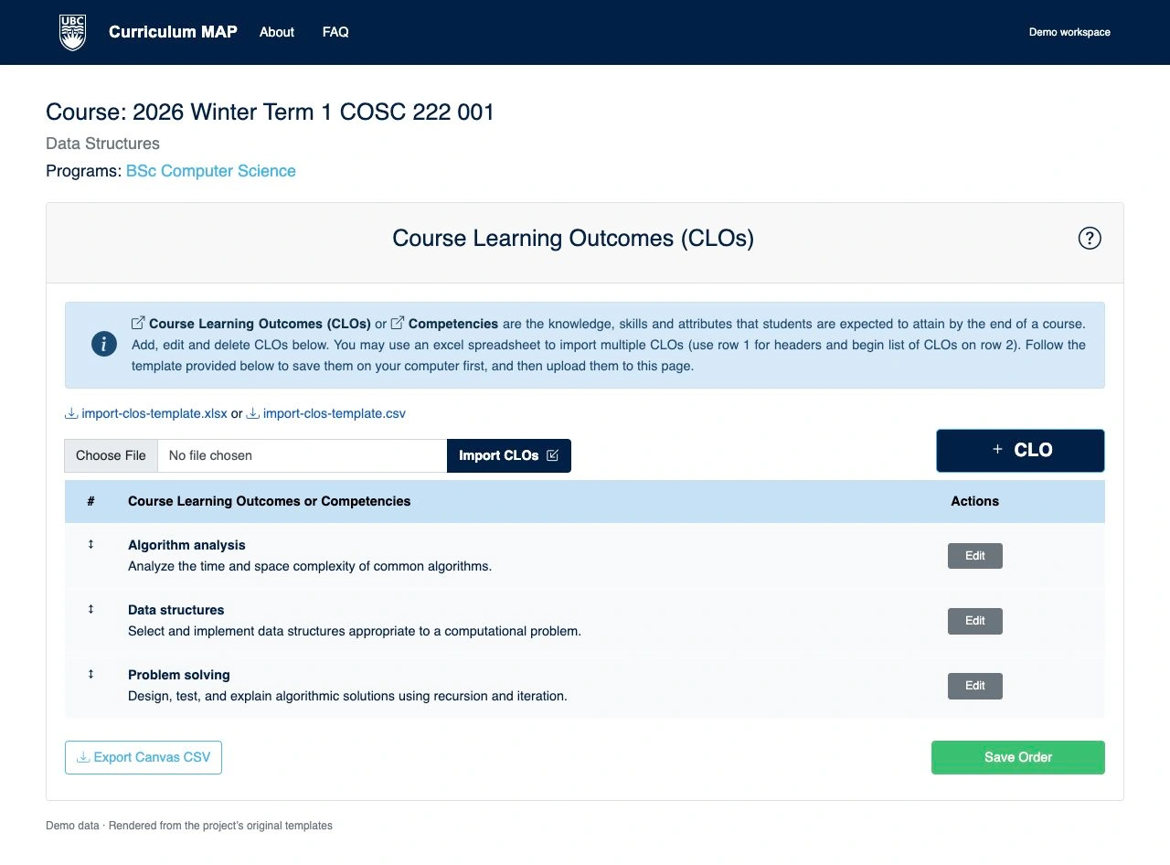 Curriculum MAP learning outcomes with the Export Canvas CSV control.