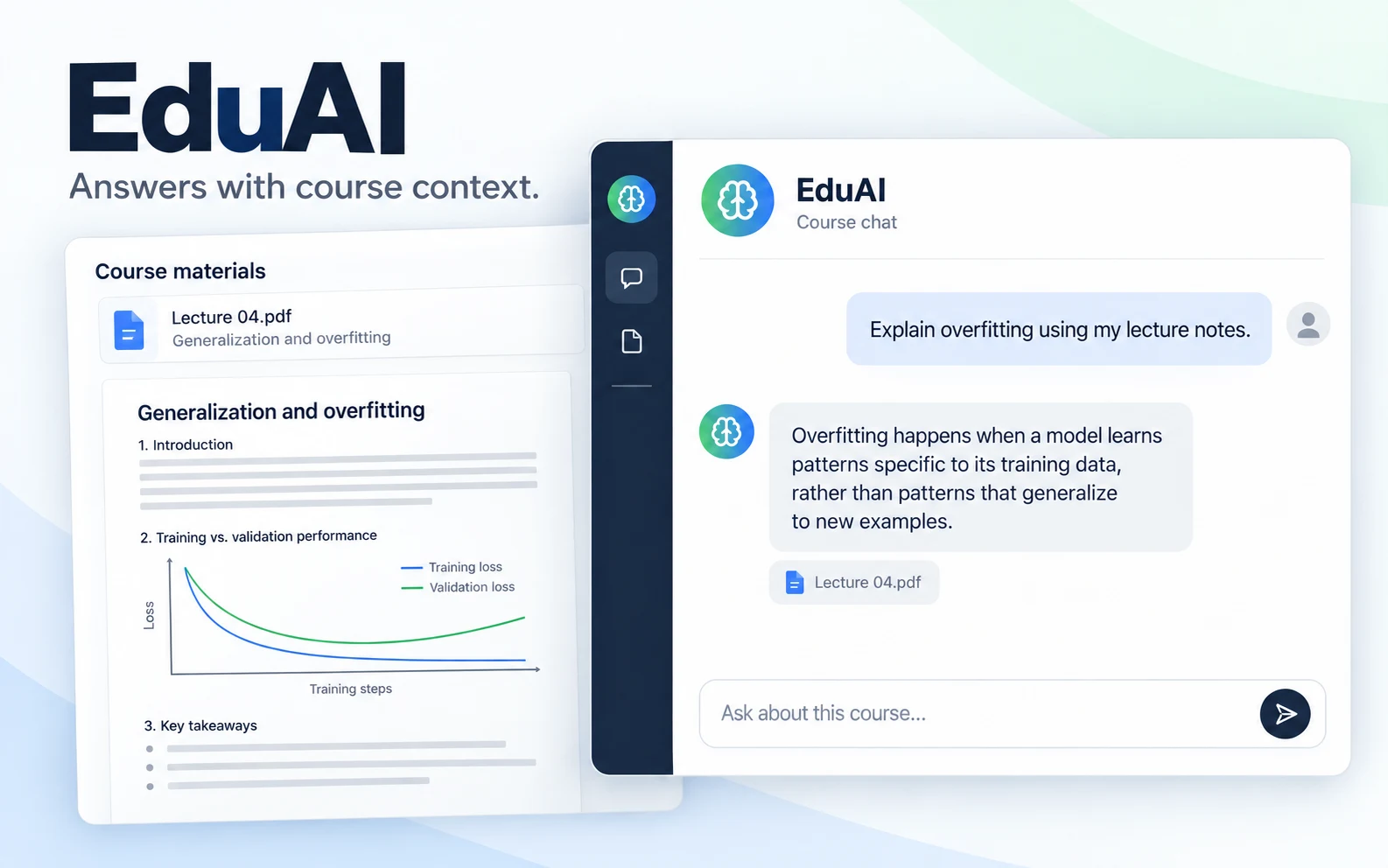 An illustrative EduAI chat explains overfitting using a course lecture PDF.