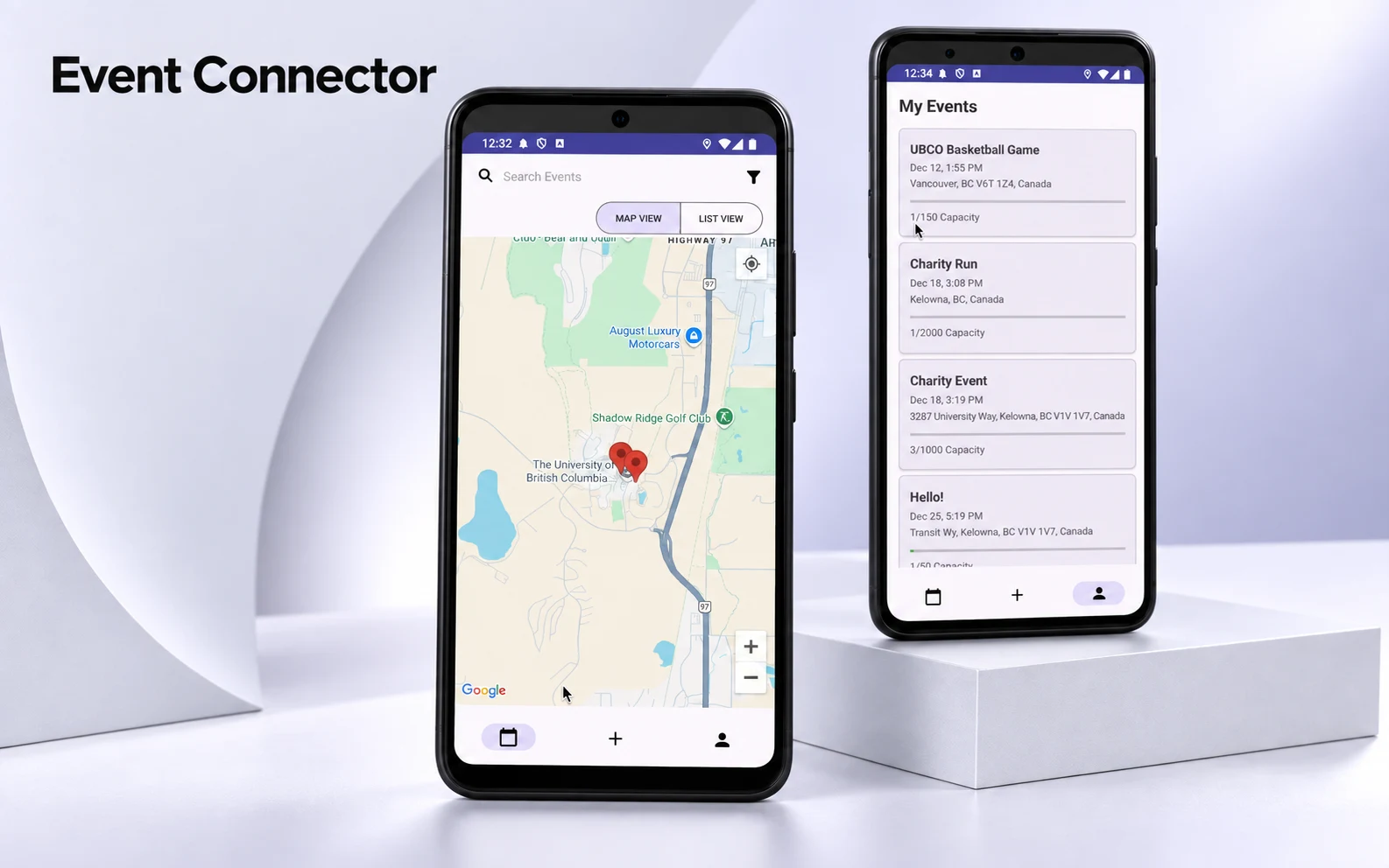 Event Connector's map and attendance screens on two Android phones.