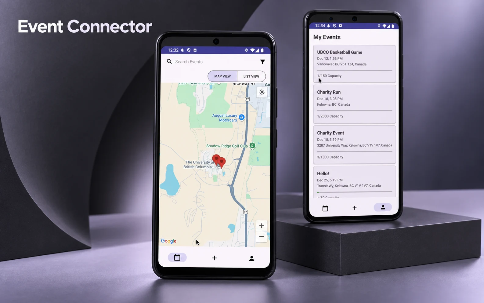 Event Connector's map and attendance screens on two Android phones.