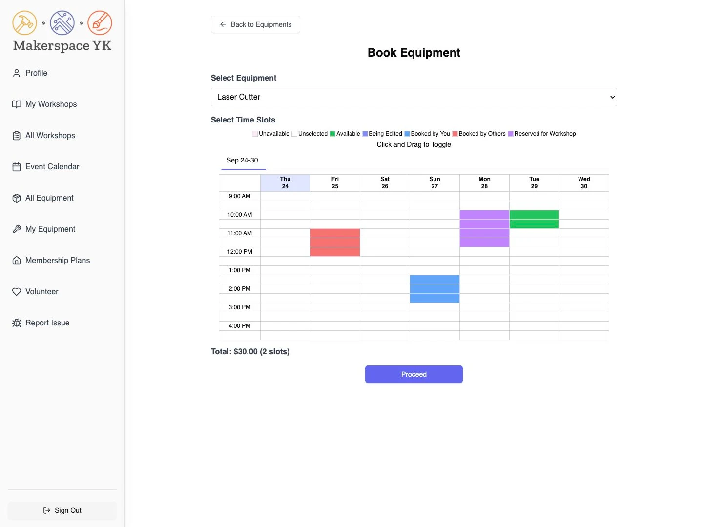 Makerspace Yellowknife equipment reservation interface.