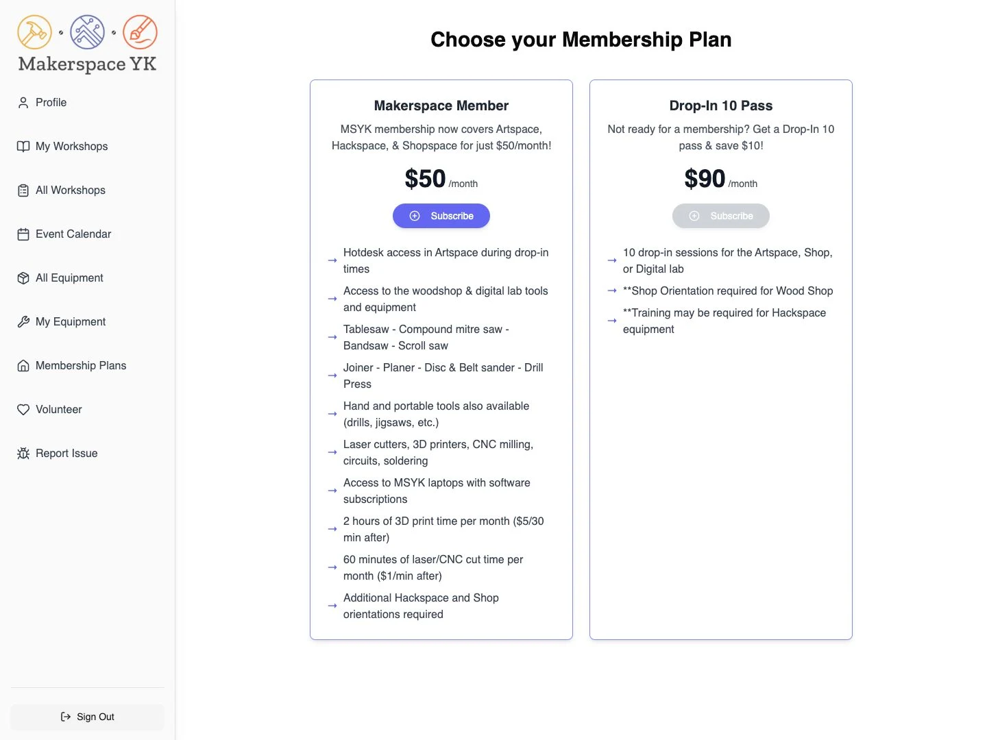 Makerspace Yellowknife membership plans.