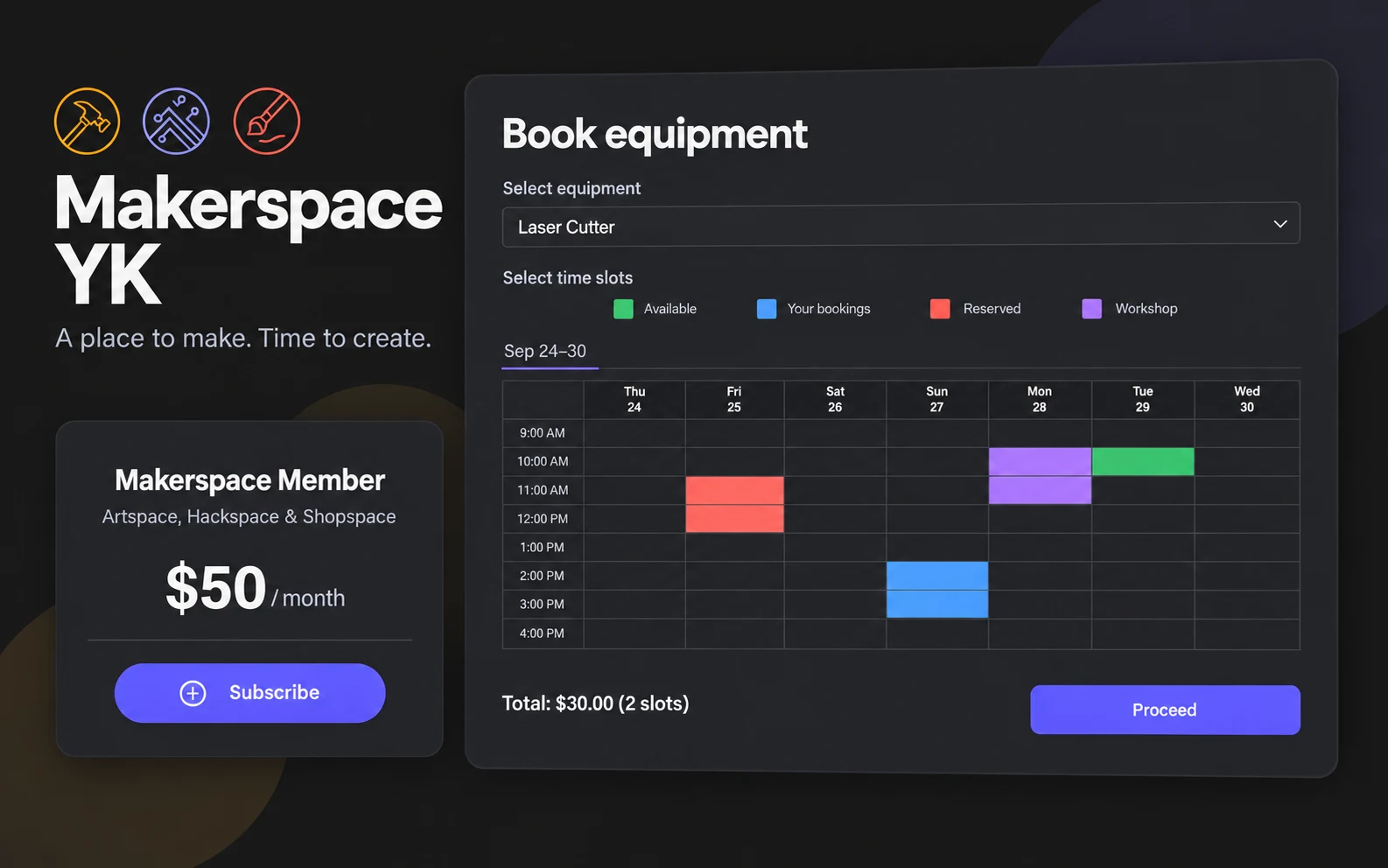 Makerspace Yellowknife membership selection and equipment booking.