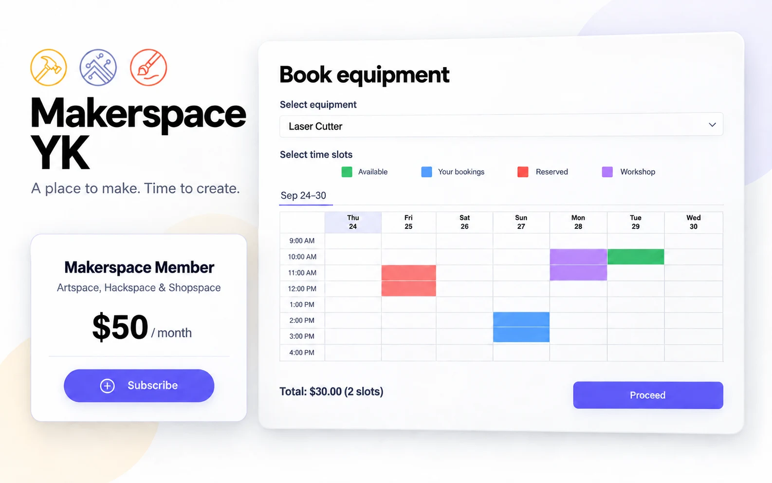Makerspace Yellowknife membership selection and equipment booking.