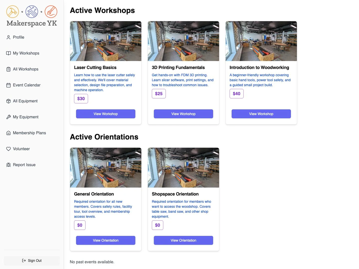 Makerspace Yellowknife workshop listings.
