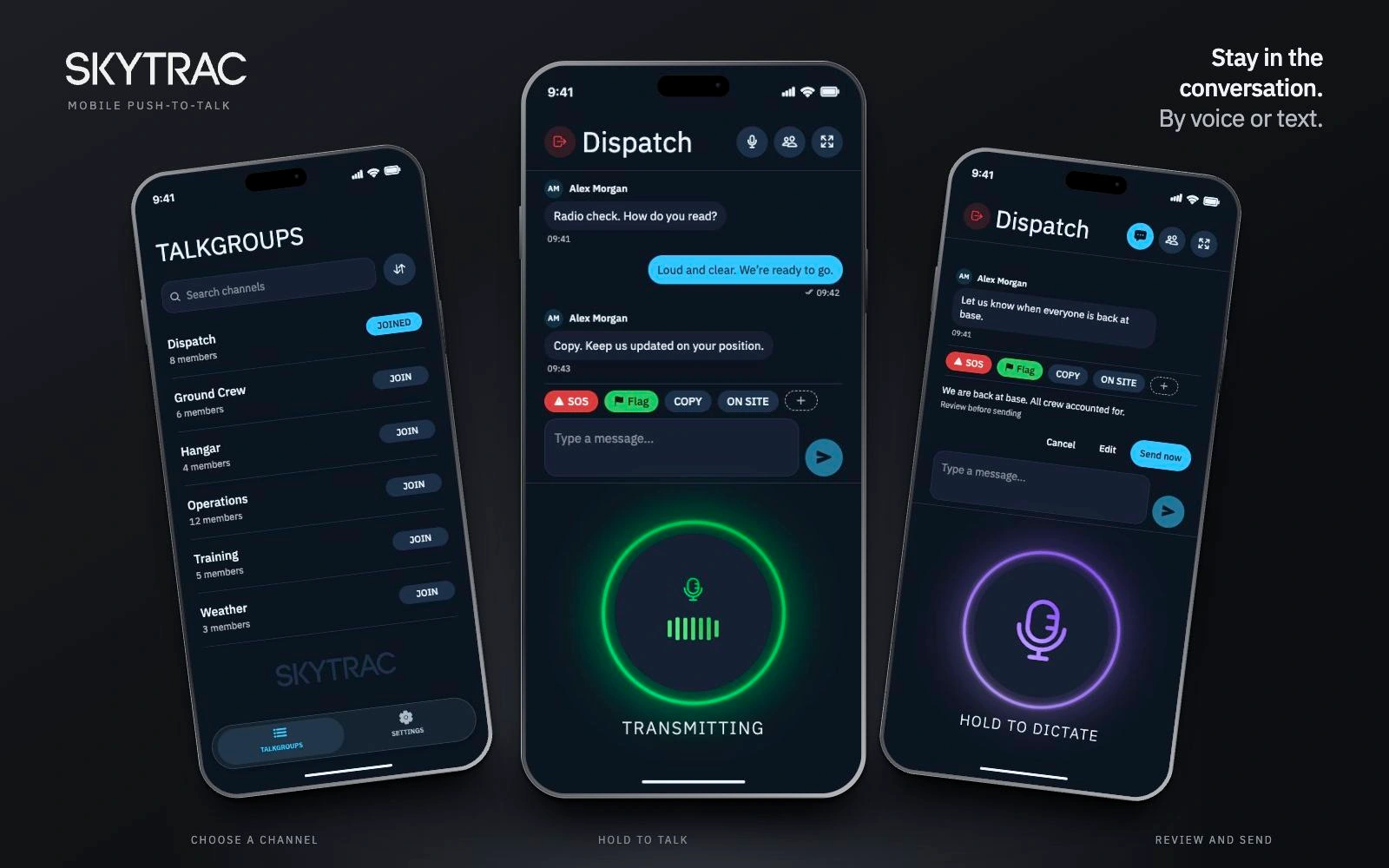 SKYTRAC mobile communication groups, messages, and offline dictation.